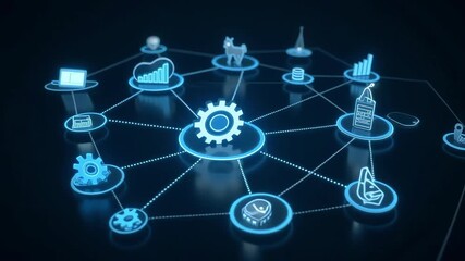 Dynamic network of glowing digital icons representing data and business processes connected by lines - Powered by Adobe