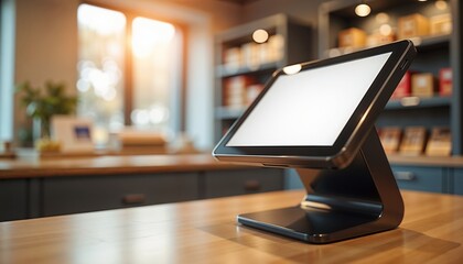 Tablet display with blank screen on a wooden counter in a modern cafe