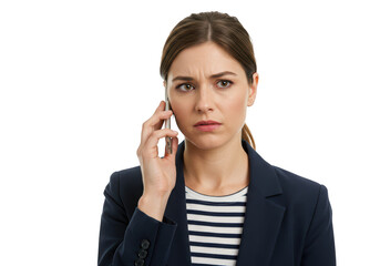 A concerned businesswoman talks on her mobile phone, isolated on a transparent background