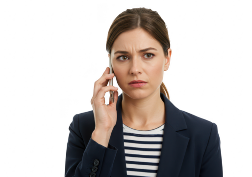 A concerned businesswoman talks on her mobile phone, isolated on a transparent background