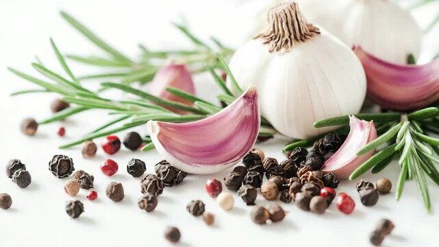A selection of fresh herbs including garlic, pepper, and rosemary arranged on a white background