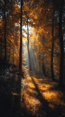 Fototapeta premium Sunlight filtering through golden foliage in a dense forest, creating long shadows and a magical atmosphere 