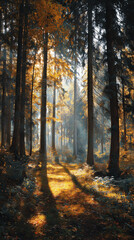 Fototapeta premium Sunlight filtering through golden foliage in a dense forest, creating long shadows and a magical atmosphere 