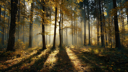 Fototapeta premium Sunlight filtering through golden foliage in a dense forest, creating long shadows and a magical atmosphere 