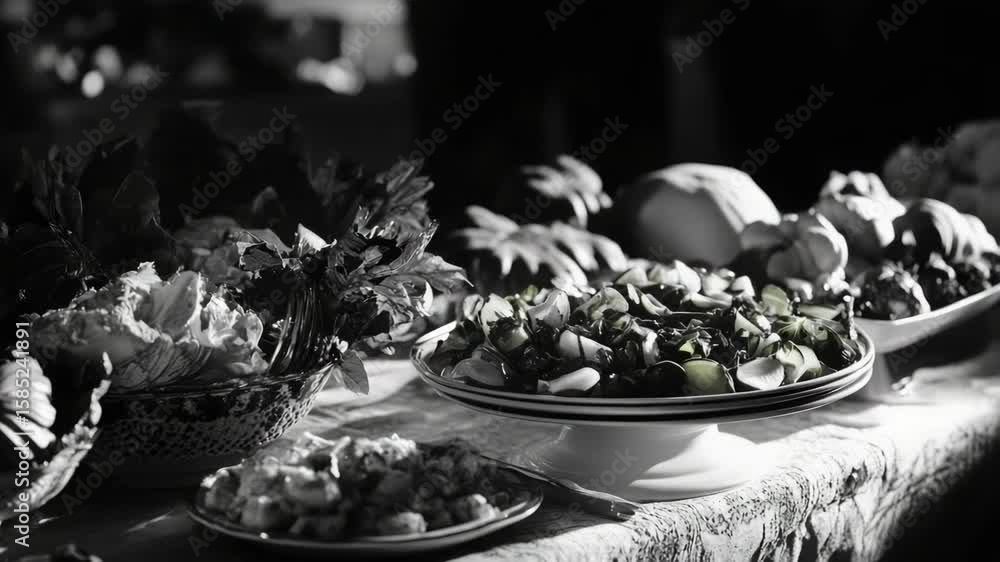 Poster a table with a variety of food on it. there are several bowls and plates with different types of foo