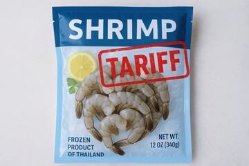 A tariff dispute can strain international trade relations. Frozen shrimp package from Thailand with a prominent "TARIFF" stamp across it, highlighting trade or import/export cost concerns.