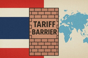 A tariff dispute can strain international trade relations. Illustration showing a brick wall labeled "Tariff Barrier" separating Thailand's flag from a world map, symbolizing trade restrictions.