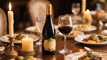 Elegant dining showcases a red wine bottle, a glass filled with rich wine and glowing candles on a set dinner table.