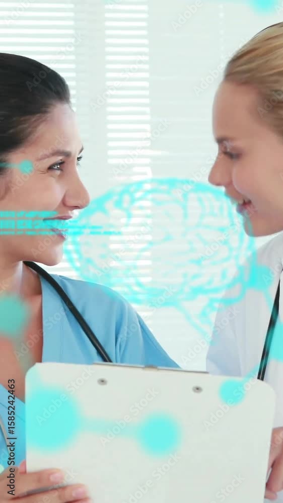 Poster animation of data processing with brains and molecules over diverse female doctor reading documents