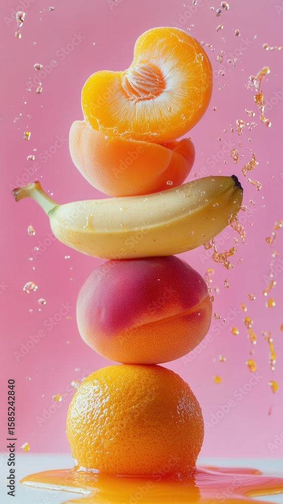Poster sliced and whole fruits creating a vibrant splash in water, set against a colorful gradient backgrou