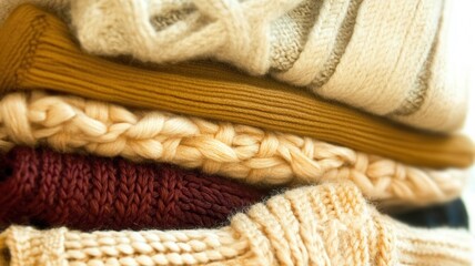 Close up of a stack of colorful knitted sweaters, evoking warmth, comfort, and handmade craftsmanship