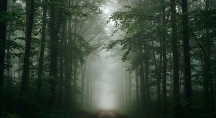 Obraz premium Misty Forest Path: Enigmatic Tranquility in Verdant Depths