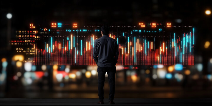 Businessman analyzing artificial intelligence data processing trends in a modern city environment at night