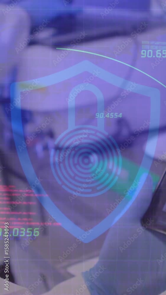 Poster animation of data processing with padlock icon over female doctor using tablet
