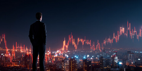 Businessman analyzing ai-driven data processing trends over cityscape at night for strategic insights
