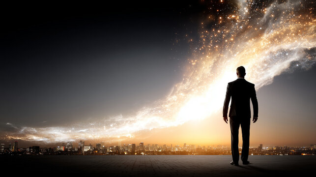 Businessman embracing artificial intelligence for data processing in a dynamic urban landscape at sunset