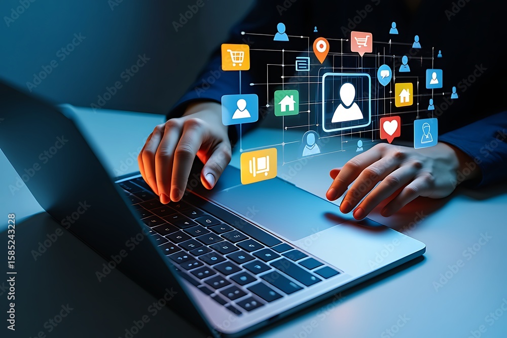 Poster hands interacting with a laptop displaying a network of social media and business icons representing