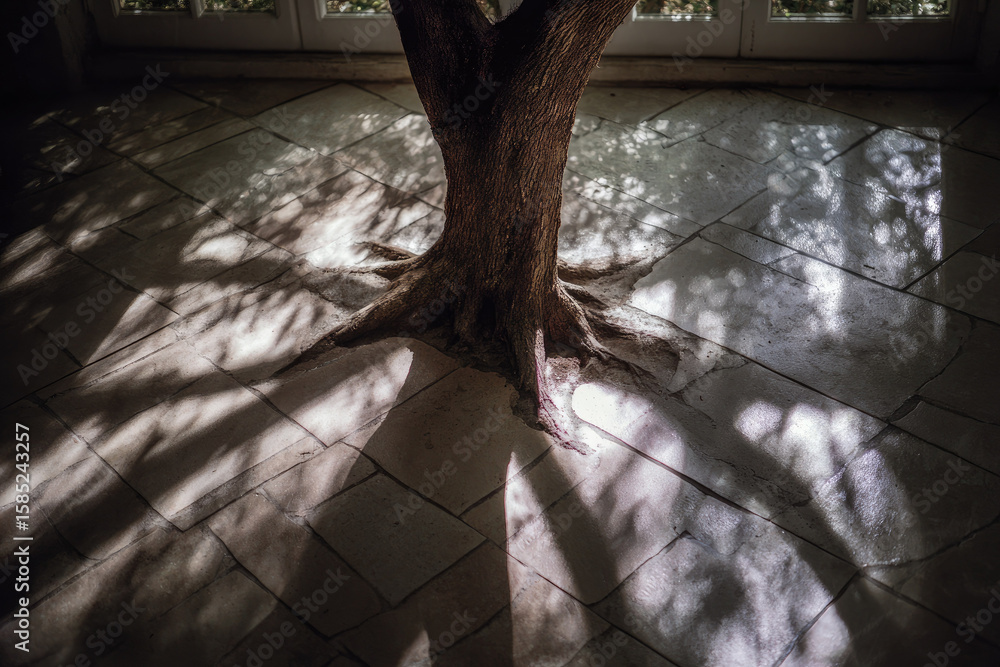 Poster tree trunk with roots spreading over stone floor, sunlight casting intricate shadow patterns, creati