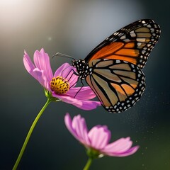 Fototapeta premium Monarch Butterfly on Pink Cosmos: Sunlit Macro Photography