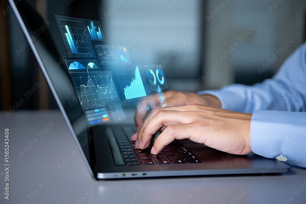 Poster close up of a person s hands typing on a laptop keyboard with holographic financial charts and data 