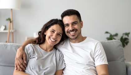 Naklejka premium A man and woman relax together on a cozy couch, sharing laughter and conversation, surrounded by soft pillows and warm lighting in a welcoming living room.