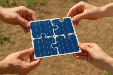Four hands holding solar panel puzzle pieces together, symbolizing teamwork, sustainability, clean energy, and collaborative solutions for environmental innovation and renewable power