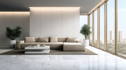 Modern living room with beige sofa, marble floor, large windows, city view, indoor plants, minimal decor, and natural light