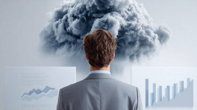 Businessman analyzing artificial intelligence data processing insights in a cloudy environment
