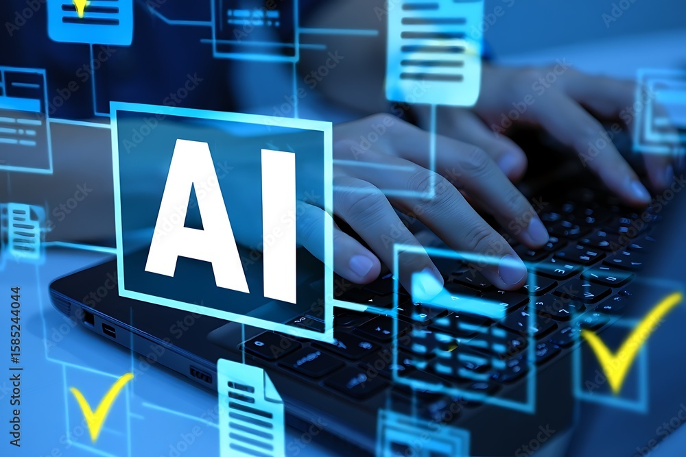 Poster close up of a person s hands typing on a laptop keyboard with glowing blue digital interface element