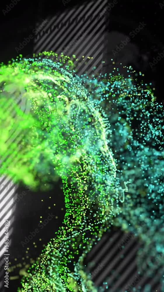 Poster animation of green spots over data processing on black background