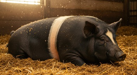 Fototapeta premium hamshire pig | A peaceful pig resting comfortably on a bed of straw in a rustic barn, surrounded by warm sunlight filtering through wooden beams, evoking a serene farm atmosphere