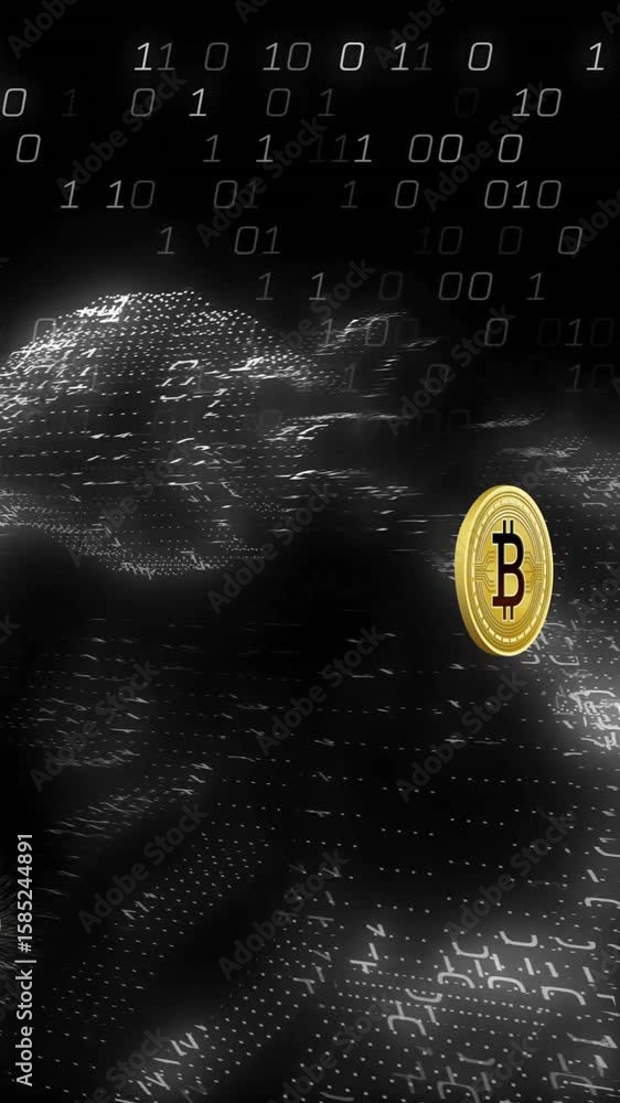 Poster animation of bitcoin currency icons financial data processing over binary coding