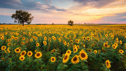 A radiant sunflower field stretches under the evening sky in Ukraine, symbolizing natureâ€™s bounty and agricultural beauty