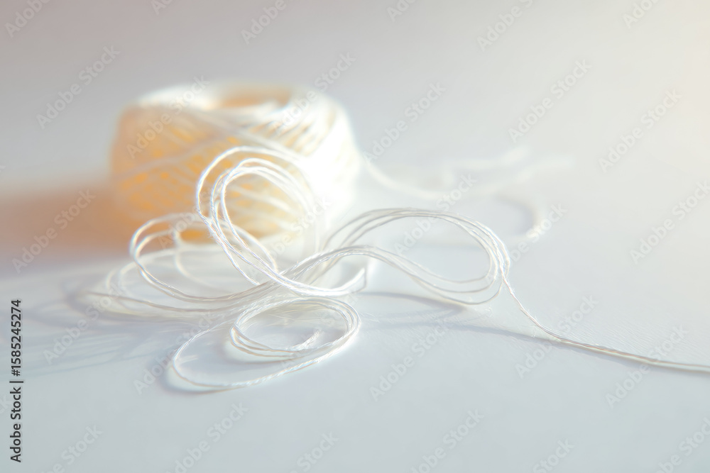 Poster white thread ball delicate fiber gently tangled on clean paper soft texture minimal style calm and p