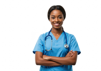 A confident and friendly female doctor or nurse in blue scrubs with a stethoscope, smiling with arms crossed isolated on transparent background