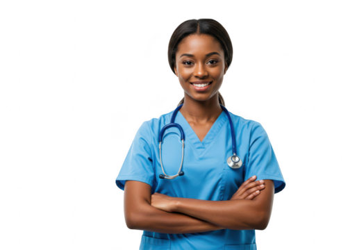 A confident and friendly female doctor or nurse in blue scrubs with a stethoscope, smiling with arms crossed isolated on transparent background - Powered by Adobe