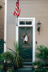 Halloween decor on a door in Alexandria, Virginia during autumn season in October