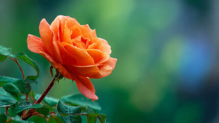A vibrant orange rose blooms vividly against a blurred green background, its petals glowing with natural elegance and warmth