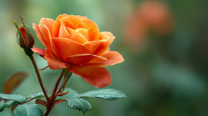 A vibrant orange rose blooms vividly against a blurred green background, its petals glowing with natural elegance and warmth