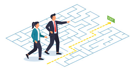Flat vector of manager guiding employee through office maze towards exit, leadership and mentoring concept, business guidance, team management, career direction, effective workplace support