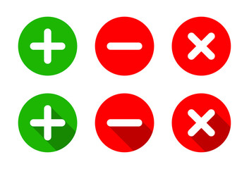 Fototapeta premium Add, remove, and delete icon. Plus, minus, and cross symbol with long shadow