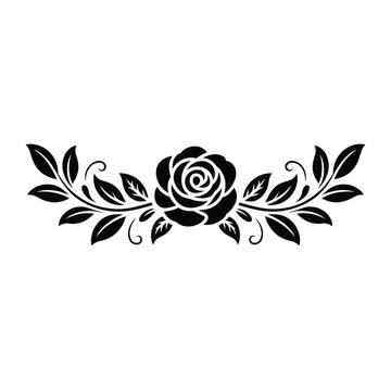 Elegant Rose and Leaves Floral Design Element in Black Silhouette