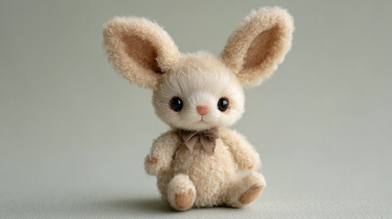 Fototapeta premium Sweet Bunny's Gentle Gaze: A soft, plush bunny rabbit sits, exuding warmth and charm with its endearing eyes. A classic toy, embodies innocence and invites comforting dreams. 
