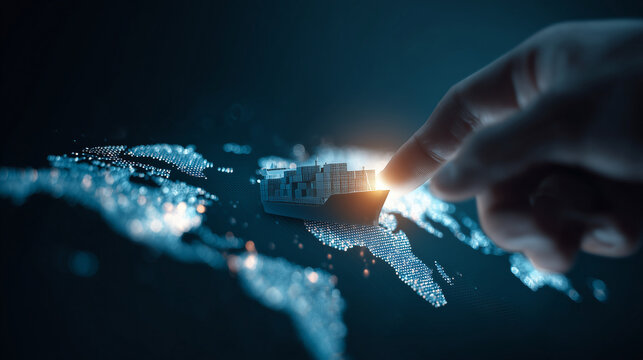 Digital World Trade: A futuristic image showing a hand pointing toward a cargo ship overlaid on a digital map, symbolizing global commerce and international trade.