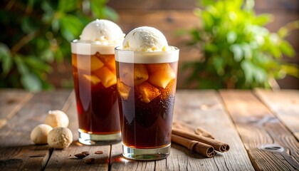 Root beer floats with ice cream on a wood table