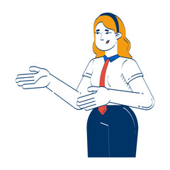 Frustrated blonde corporate woman gesturing presenting 2D doodle character. Businesswoman confused with open arms cartoon person vector drawing isolated on white. Hand drawn illustration colorful