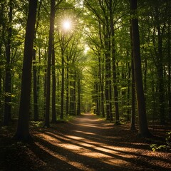 Obraz premium Sunburst Through Forest Canopy: Path of Light and Shadow in Woodland