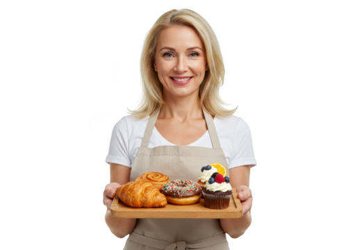 A smiling middleaged woman wearing an apron holds a tray of assorted pastries, including a croissant, donuts, and cupcakes isolated on transparent background - Powered by Adobe
