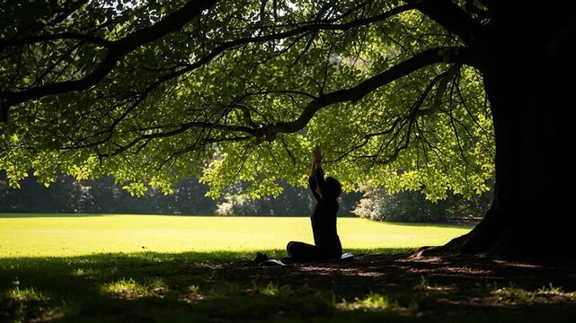 Woman Meditating Underneath Lush Tree Canopy in Park