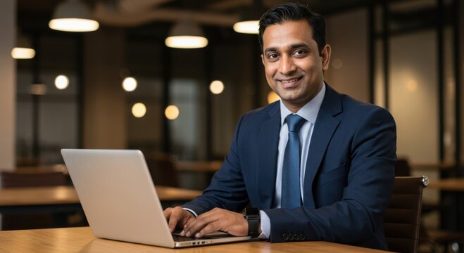 Smiling indian businessman in a navy suit confidently typing on a laptop in a modern office setting with warm lighting - Powered by Adobe